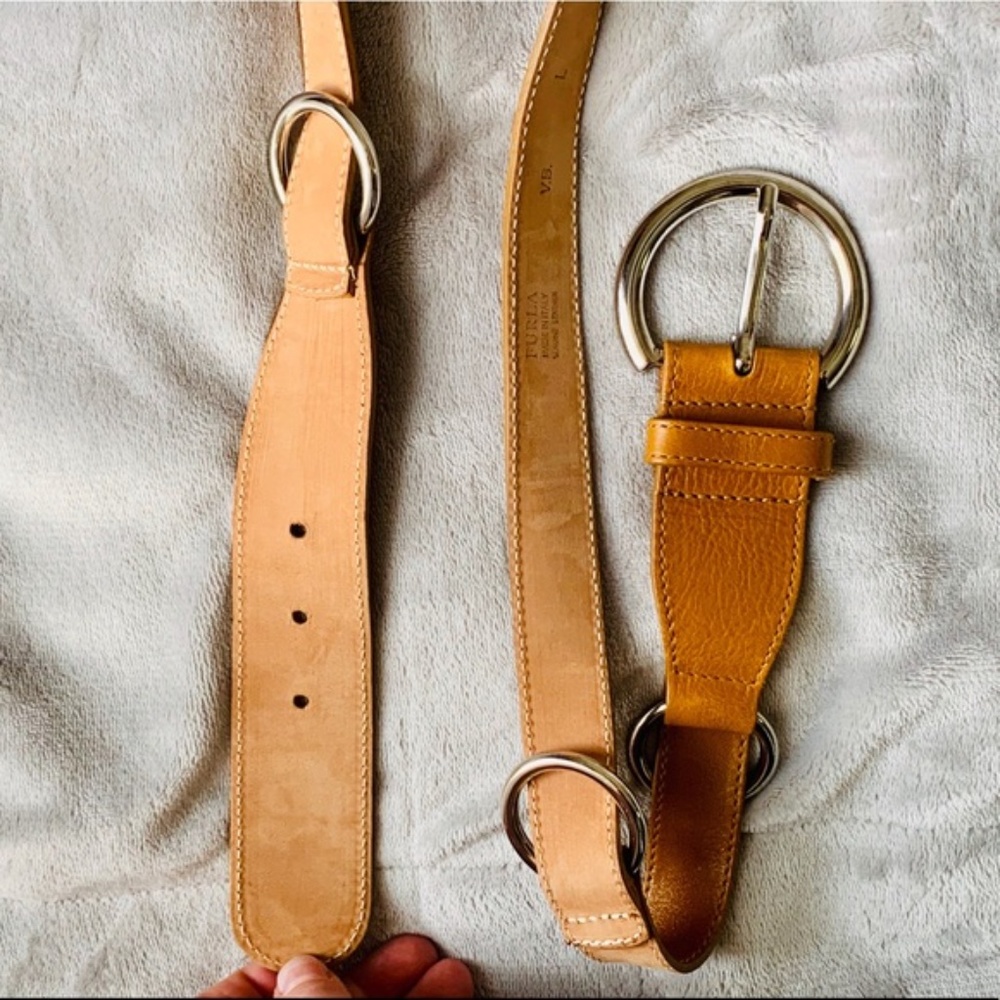 FURLA Genuine Leather Camel Big Rings Long Belt